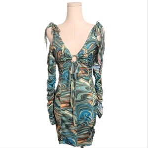 Teal/green long sleeve tie dye cut out open back mini dress with tie knots